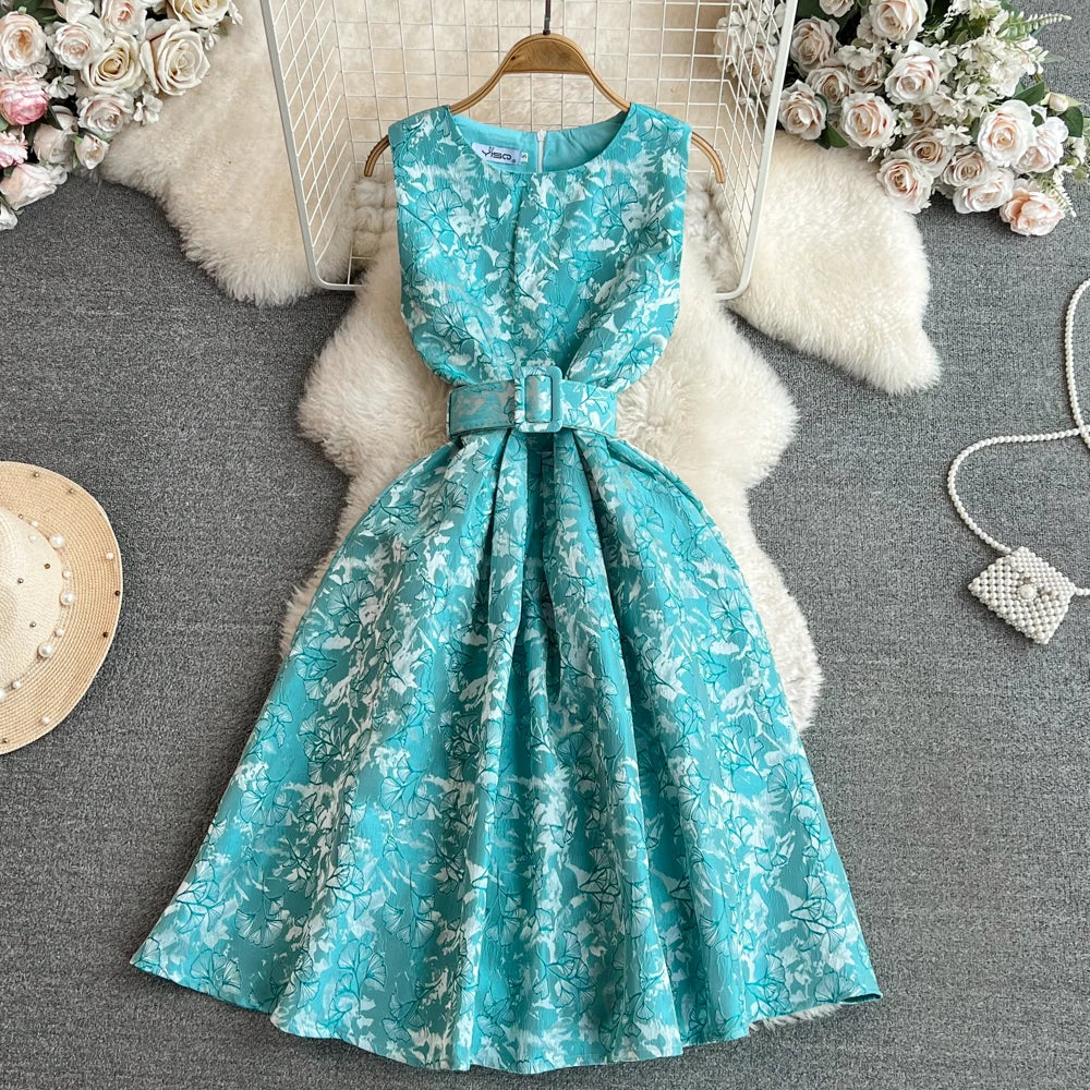 Women Vintage Floral Dresses Summer Slim A-line Sleeveless Party Dresses Ladies Elegant O-neck Casual Midi Dress Vestidos