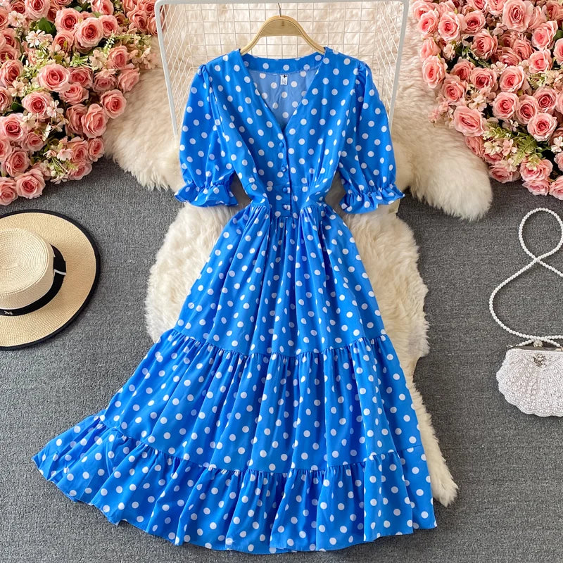 New Summer Women's Fashion Vintage Polka Dot Midi Dress Elegant and Chic A-Line Party Casual White Black Vestidos Female Robe