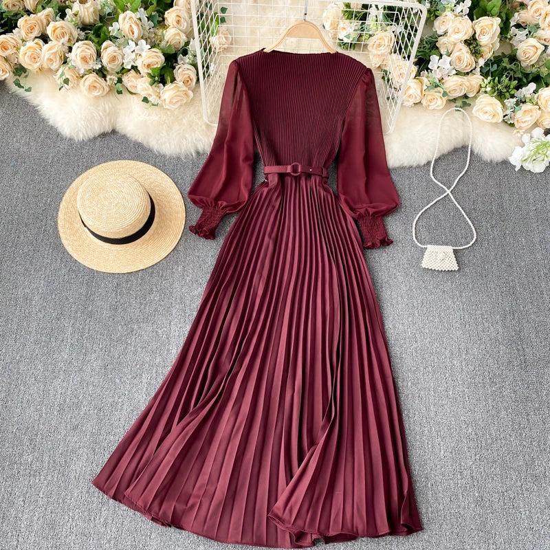 Chic Pleated Elegant Puff Sleeve Dress A-line Chiffon High Waist Belt Beach Vacation Party Dress Women Summer Spring Vestidos