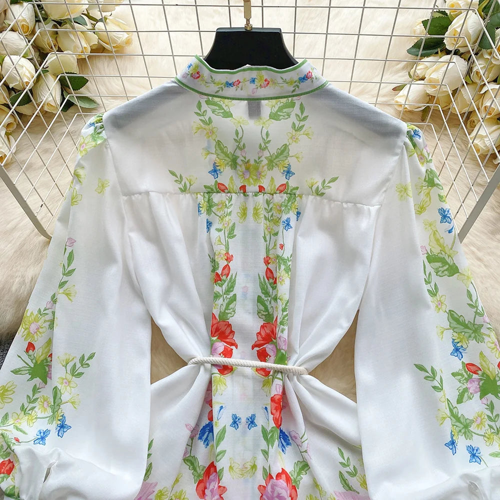 Clothes For Women Dresses 2024 Spring Ruffle Hem Vintage Floral Print Dress Stand Neck Long Sleeve Holiday Mini Dress With Belt