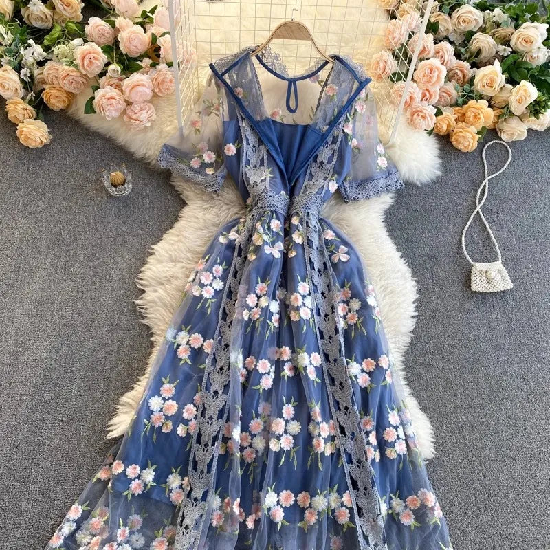 Elegant Mesh Embroidery Dress Women Korean Fashion Summer O Neck Short Sleeve Long Mesh Dress Party Vestidos