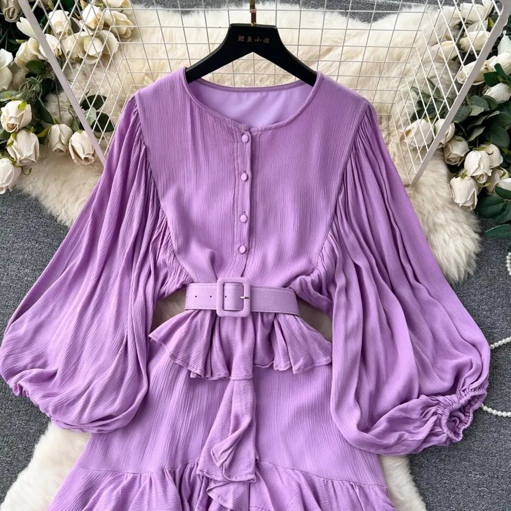 Vintage Puff Sleeve Ruffle Dress Women O-Neck A-Line Elegant Casual Party Prom Dresses Korean Autumn Fashion Female Vestidos New