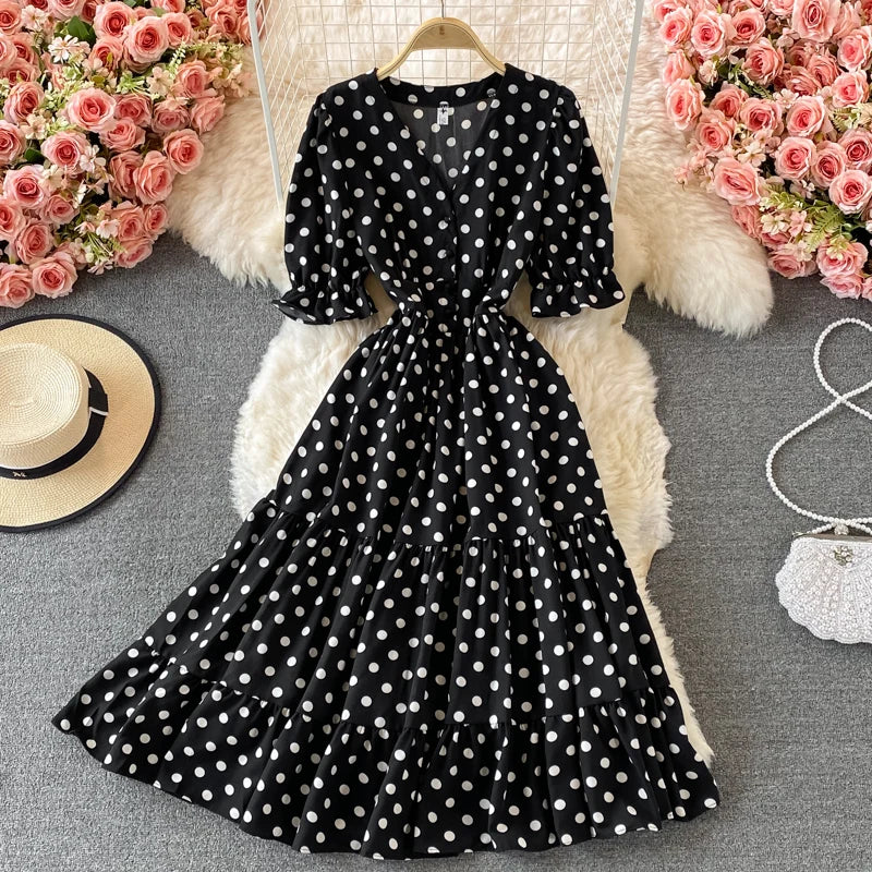 New Summer Women's Fashion Vintage Polka Dot Midi Dress Elegant and Chic A-Line Party Casual White Black Vestidos Female Robe