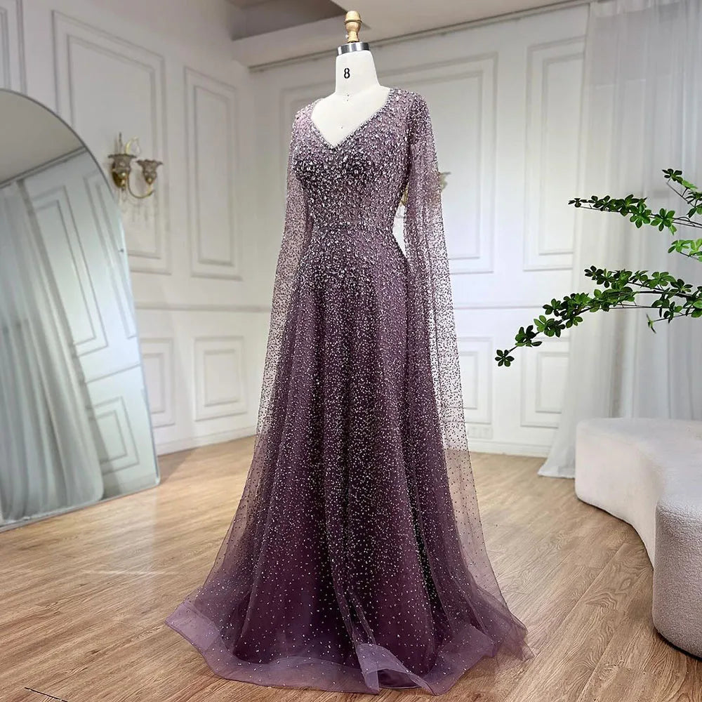 Serene Hill Arabic Luxury Purple A-Line Elegant Strapless Beaded Evening Dresses Long for Woman Wedding Party LA72147