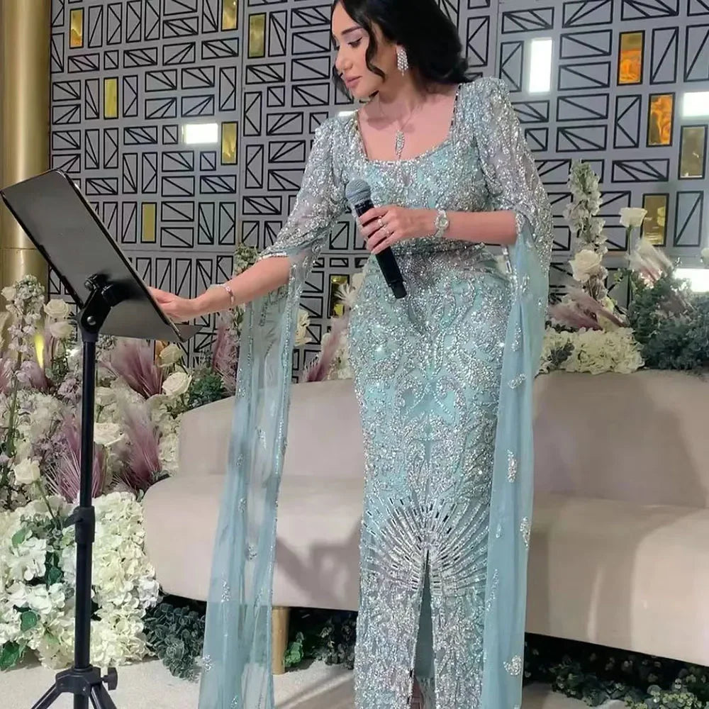 Serene Hill 2024 turquoise with Beaded Cape Sleeves Design Mermaid Long Evening Dresses Gowns for Women's Wedding Party BLA72400