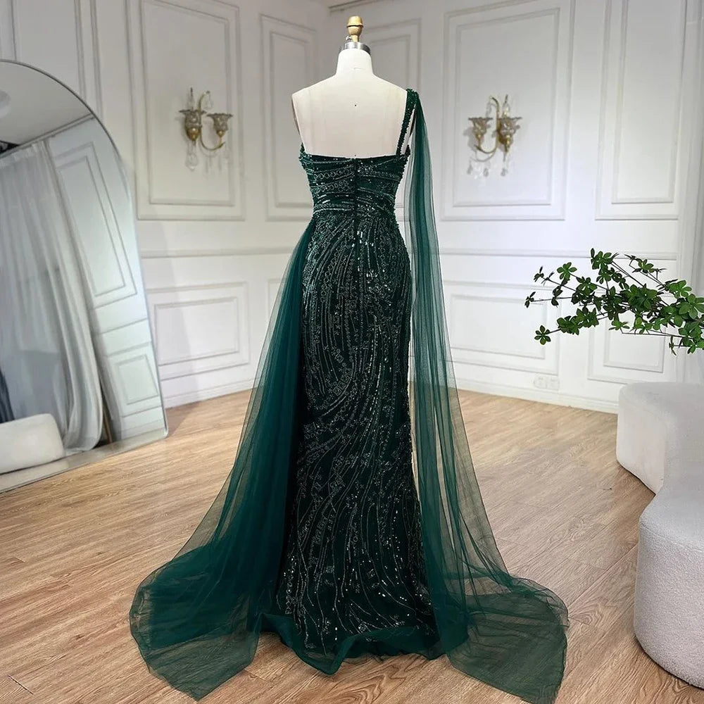 SERENE HILL 2024 Green One Shoulder Mermaid Evening Dresses With Cape Sideskirt Luxury Gown For Women Wedding Party GLA72472
