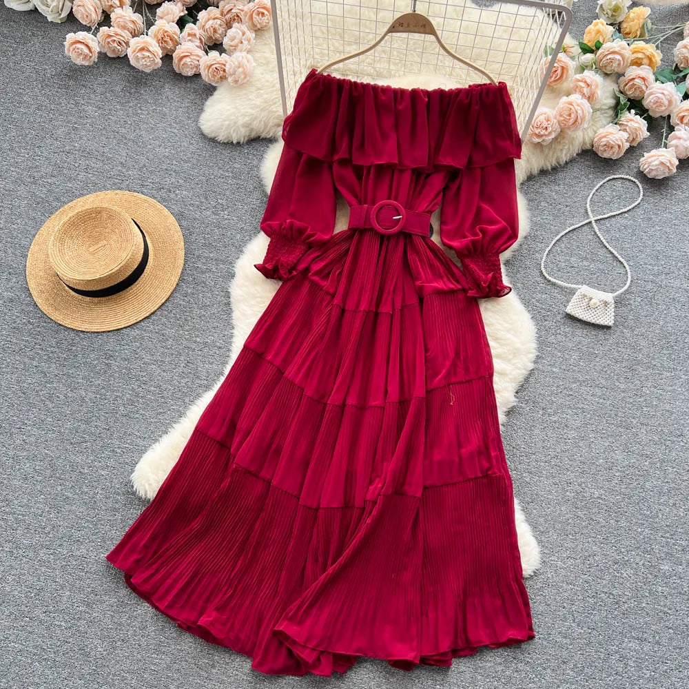 Vintage Pleated Slash Neck Off Shoulder High Waist Dress Long Sleeve Dress Chic Summer Beach Vestidos Women Vacation Sundress