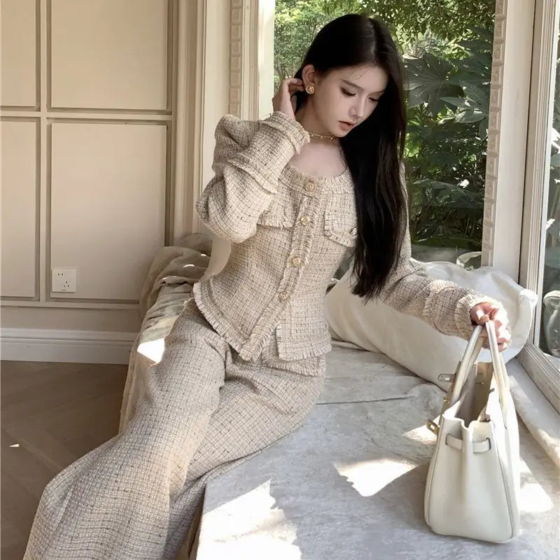 Women's Luxury Slim Tweed Pants Suits High Waist Long Trousers+Square Collar Cropped Coat Elegant 2 Piece Set Female Outfits