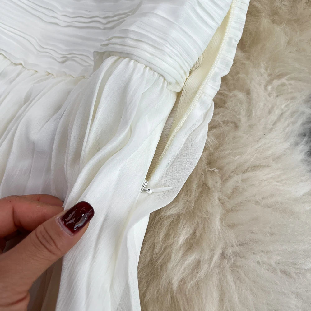 Autumn Solid Pleated Long Dresses for Women Halter V-Neck Flare Sleeve Wedding Party Dress Korean Fashion One Piece Vestidos New