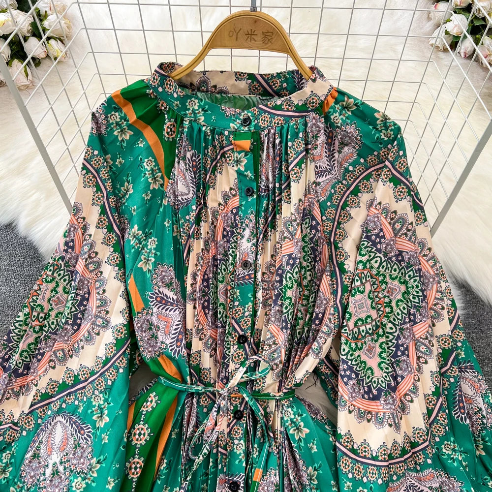 Women's Retro Ethnic Long Dresses Lantern Sleeves Bohemian Holiday Female Dress Robe Vestidos Para Mujer Spring Autumn Платье