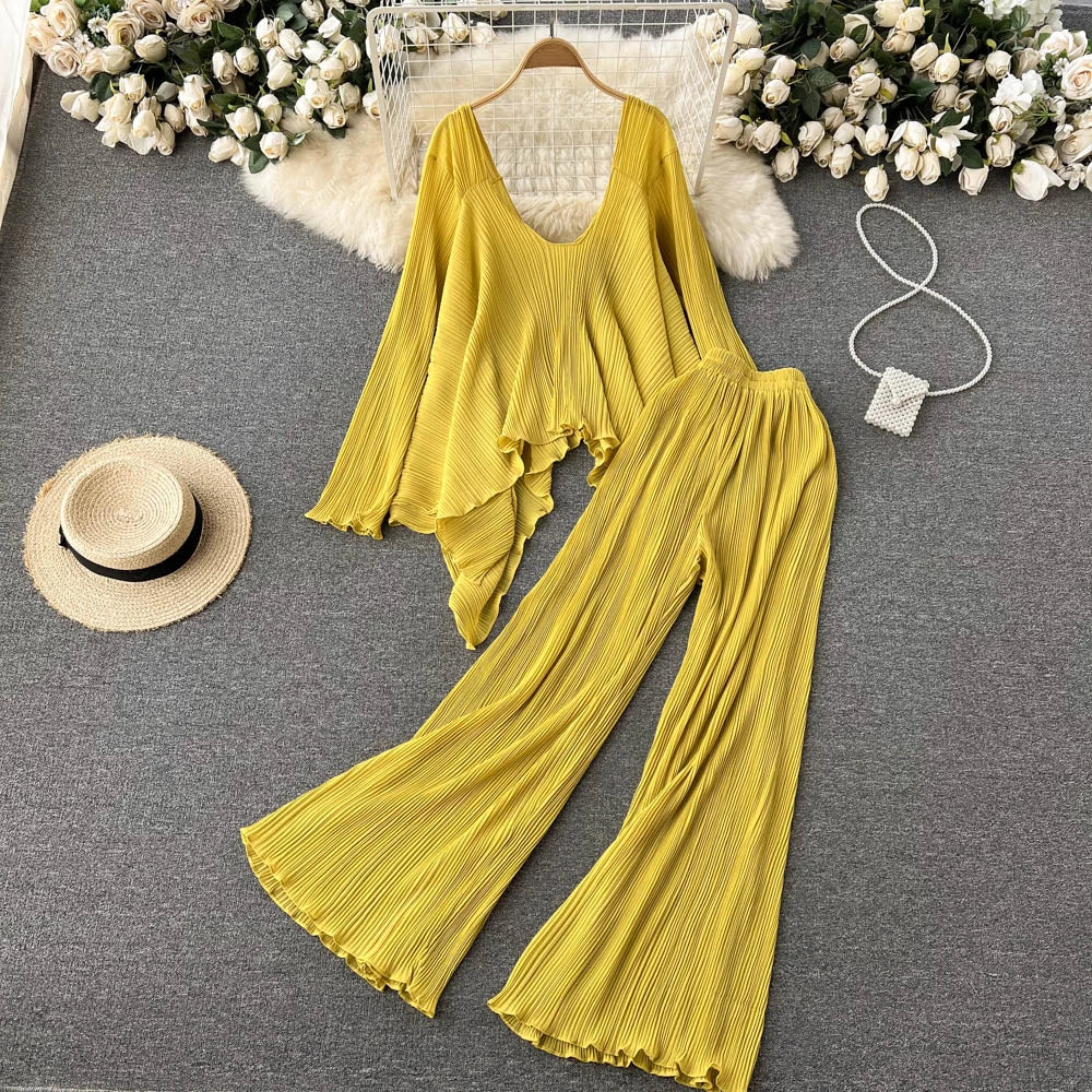 Clothland Stylish Yellow Blouse Set Two Piece Set Irregular Shirt Long Pants Pleated Women Chic Spring Suits TZ234