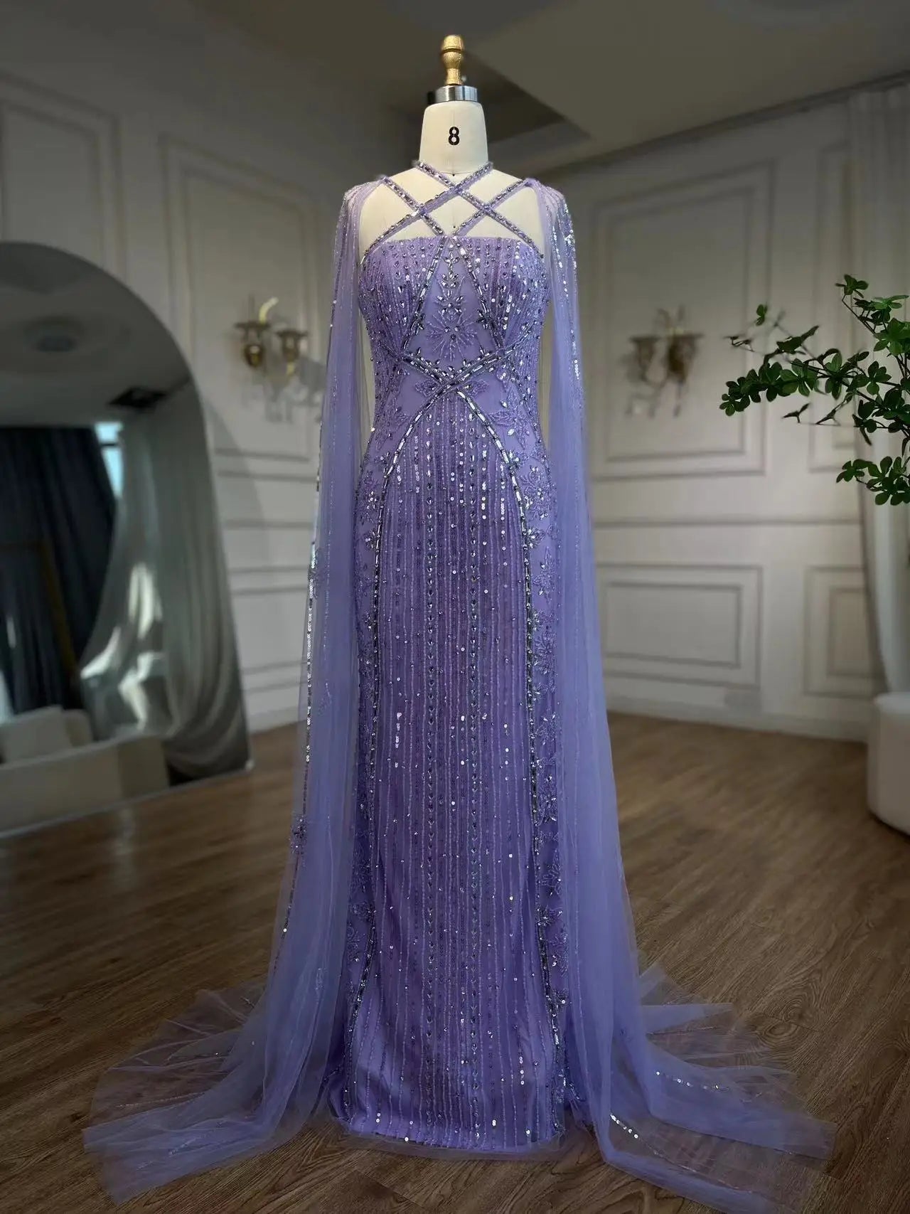 SERENE HILL Arabic Caramel Mermaid Elegant Cape Sleeves Beaded Luxury Evening Dresses 2024 Formal Gown For Women Party GLA71905A