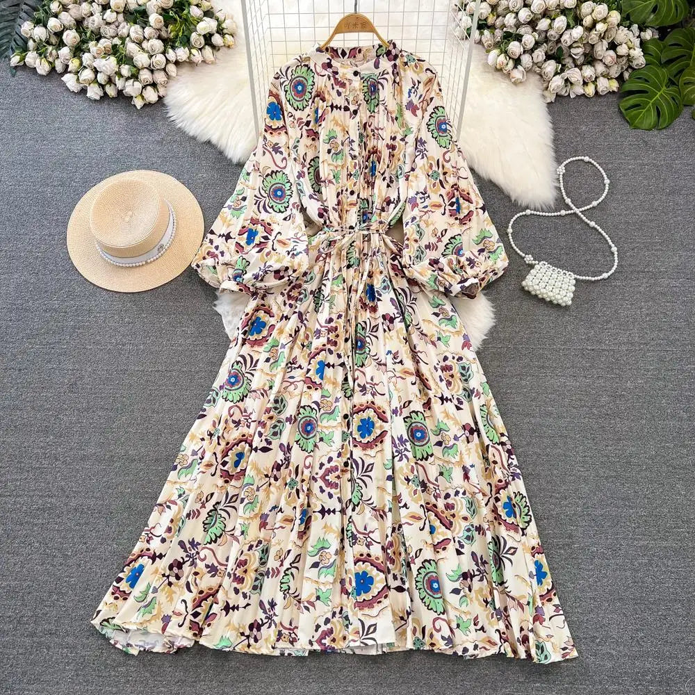 Elegant Women Casual Floral Print Party Dress Vintage Lantern Sleeve A-Line Pleated Prom Birthday Clothes Female Fashion Robe