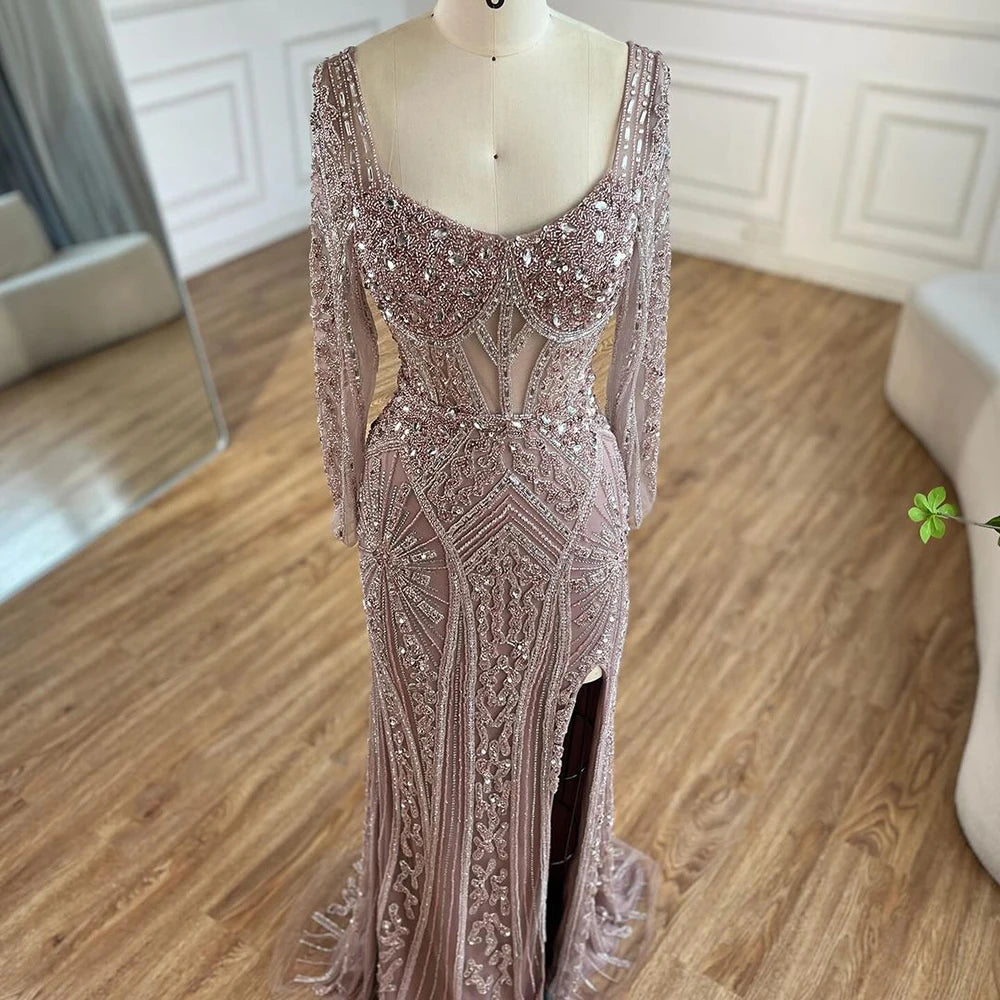Serene Hill 2024 Women Wedding Parties Dubai Arabia Luxury Beaded Evening Dresses Gowns Green Elegant Split Mermaid LA72518