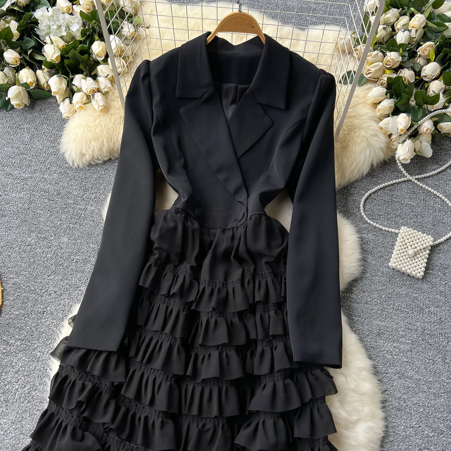 French Vintage Two Pieces Sets Notched lool sleeve mesh sweet A-line Chic PATCHWORK Women Summer dresses