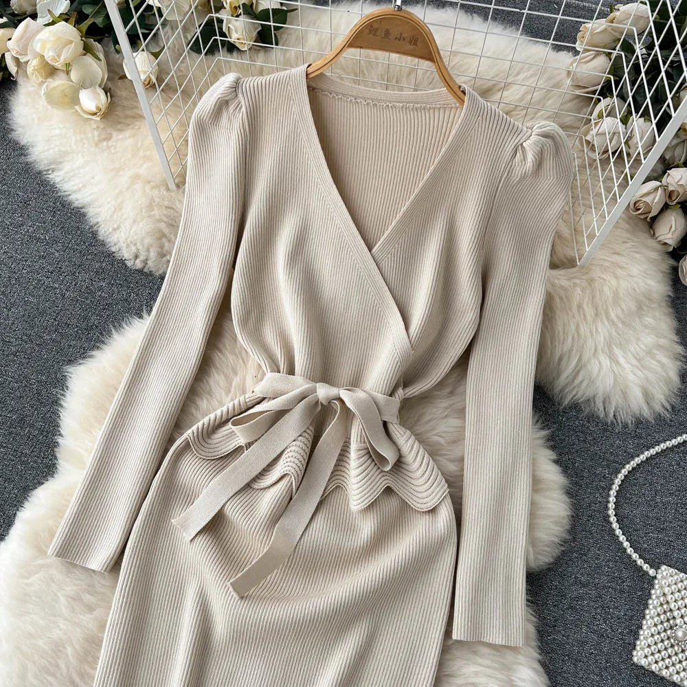 Women Long Sleeve V Neck Sexy Knit Bodycon Dress Chic Vintage Lace Up French Fashion Vestidos Party Elegant Fashion Dresses Y2k