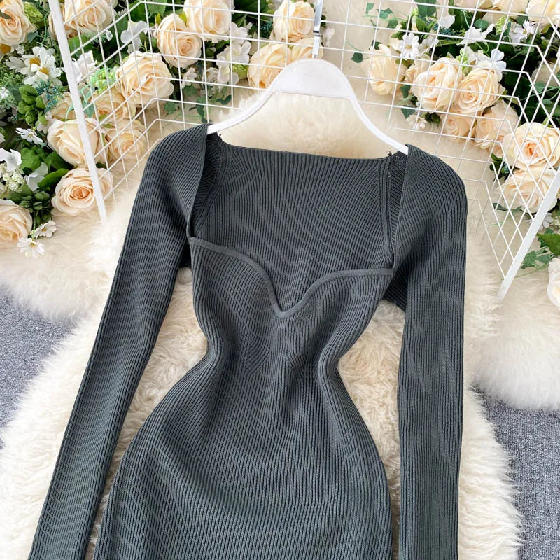 Women Long Sleeve Sexy Bodycon Dress with slit Vintage French Fashion Knit v neck Vestidos Basic Tight Elegant Slim Chic Dresses