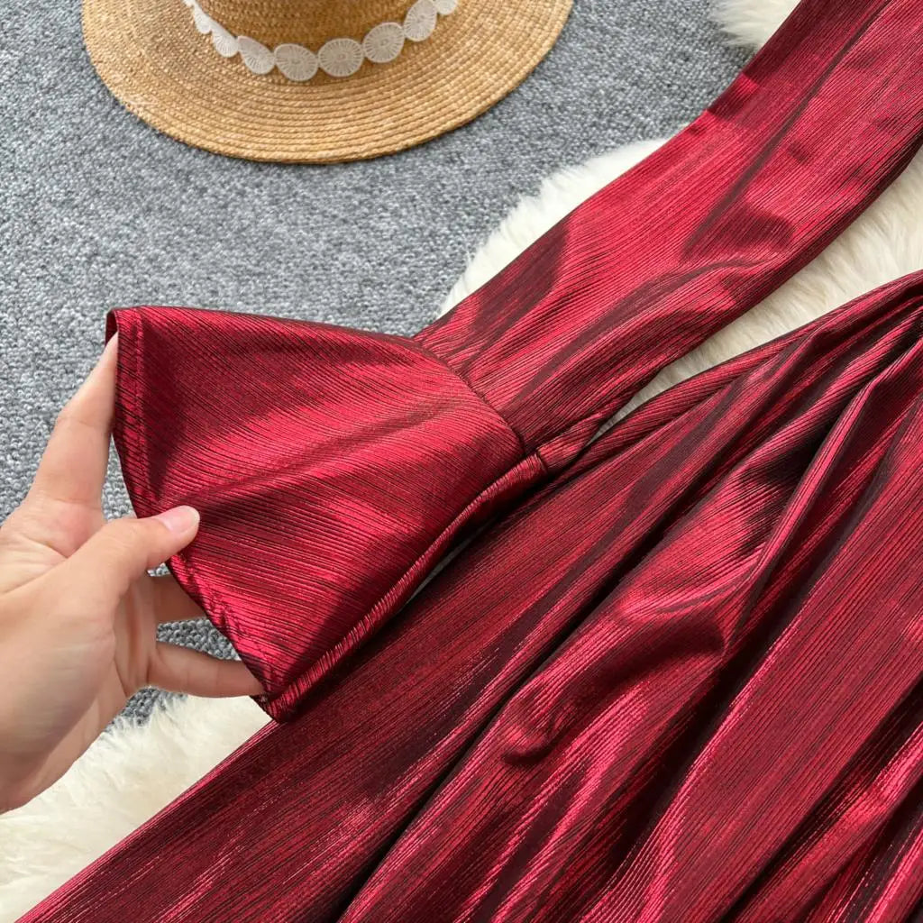 Autumn Vintage Pleated Women Long Dress Elegant Stand Collar Solid A-Line Party Prom Vestidos Female Birthday Clothes Mujers
