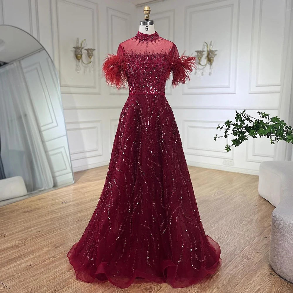 Serene Hill 2024 Arabic blue A Line Short Sleeveless Luxury Evening Dresses Beaded Feathers For Women Wedding Party LA72351