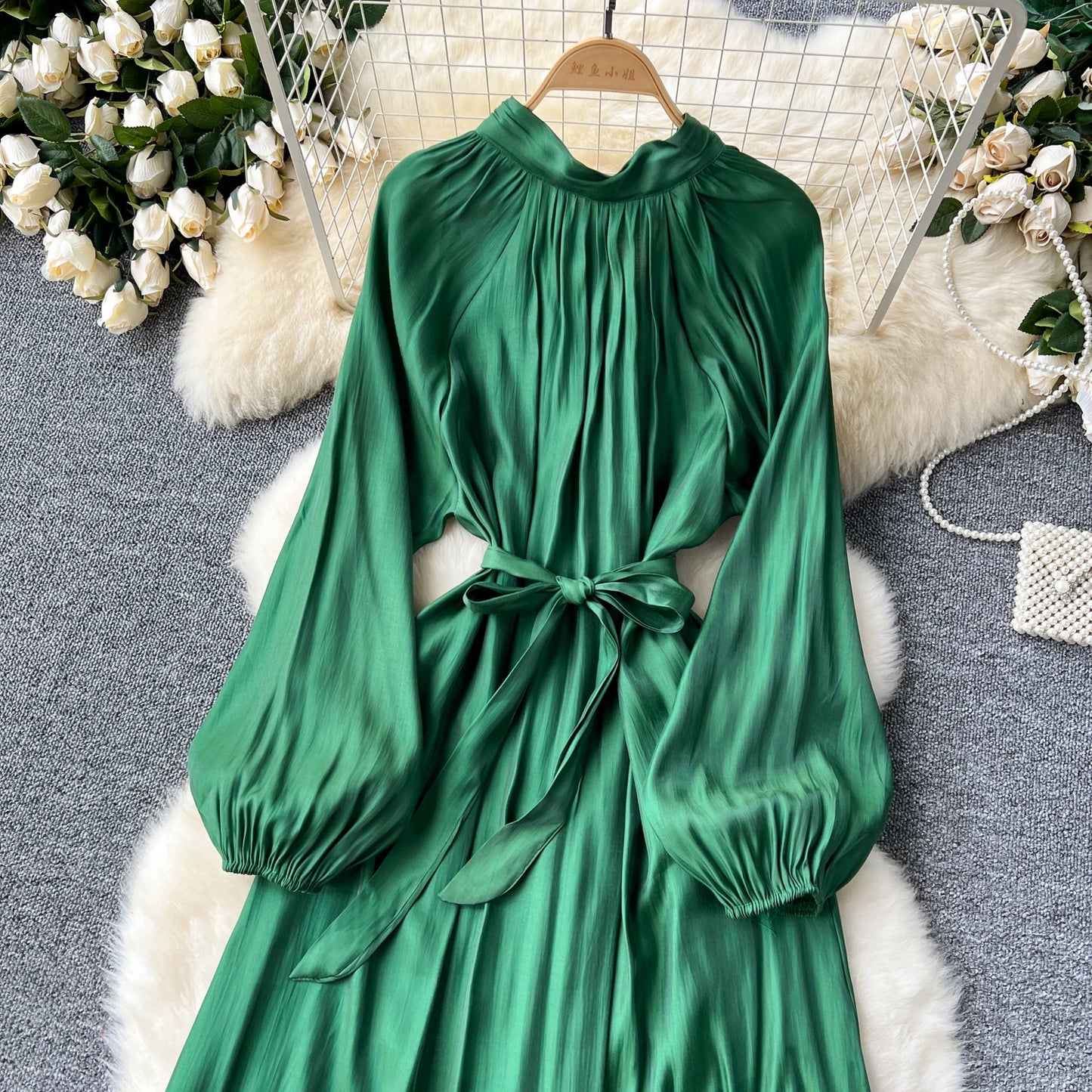 French Vintage Pleated lool sleeve print Lace-up Bow sweet Dress Casual Women Fashion summer dresses