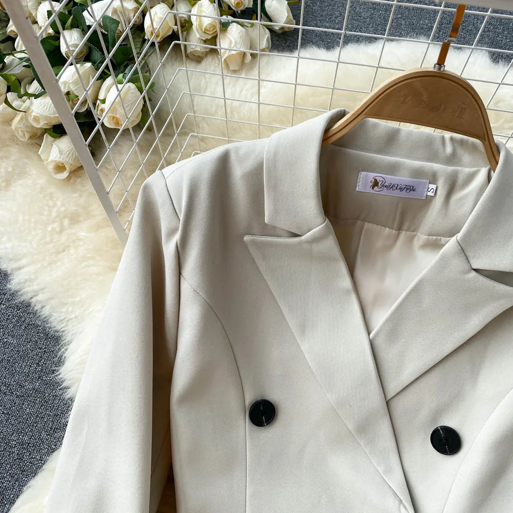 French Style Elegant Two Piece Sets Women Double Breasted Blazer Jacket + Mesh A-line Long Dress Fashion Korean Outfits