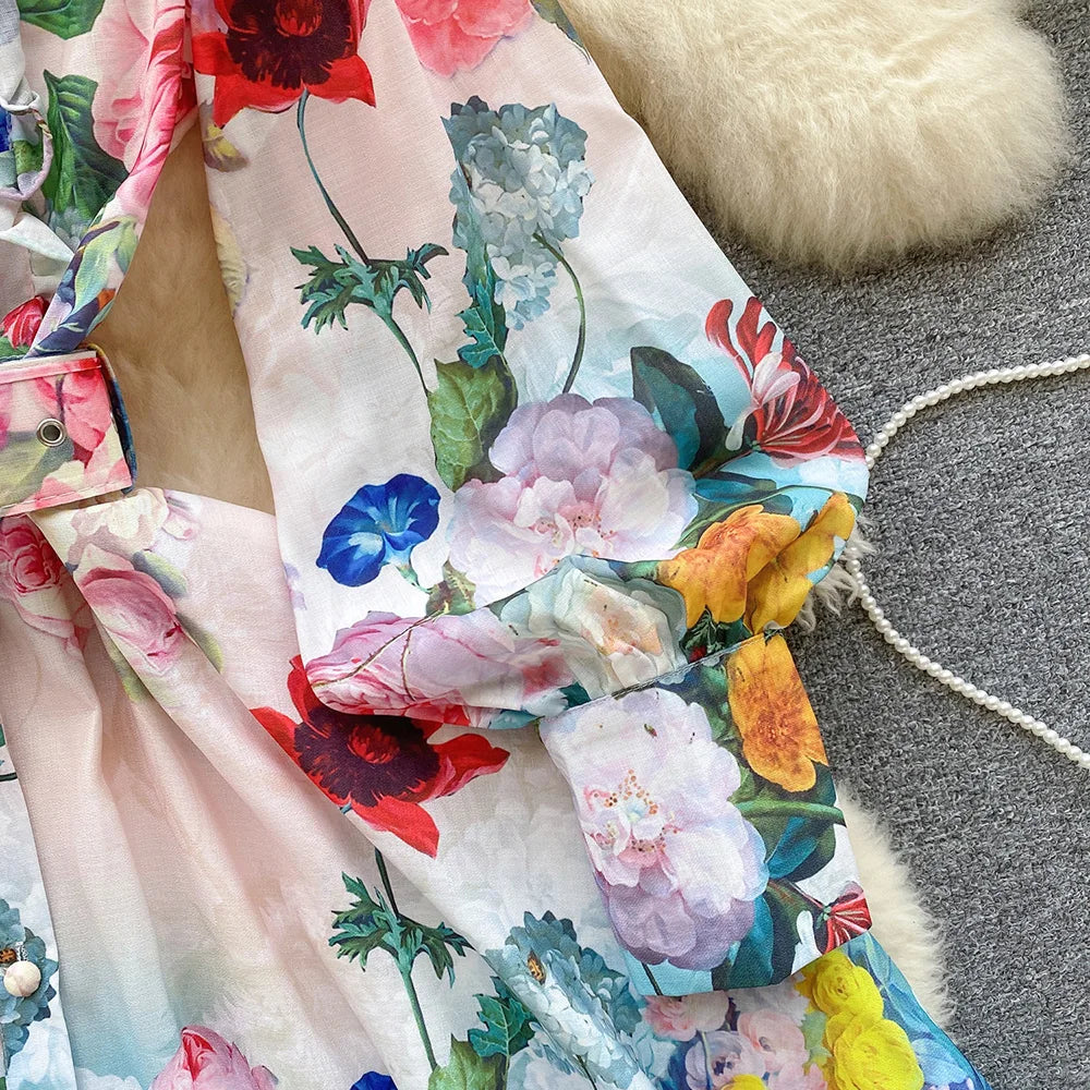 Mini Dresses For Women Frill Trim Long Sleeve Spring Vacation Dress Stand Collar Elegant Vintage Floral Print Dress With Belt