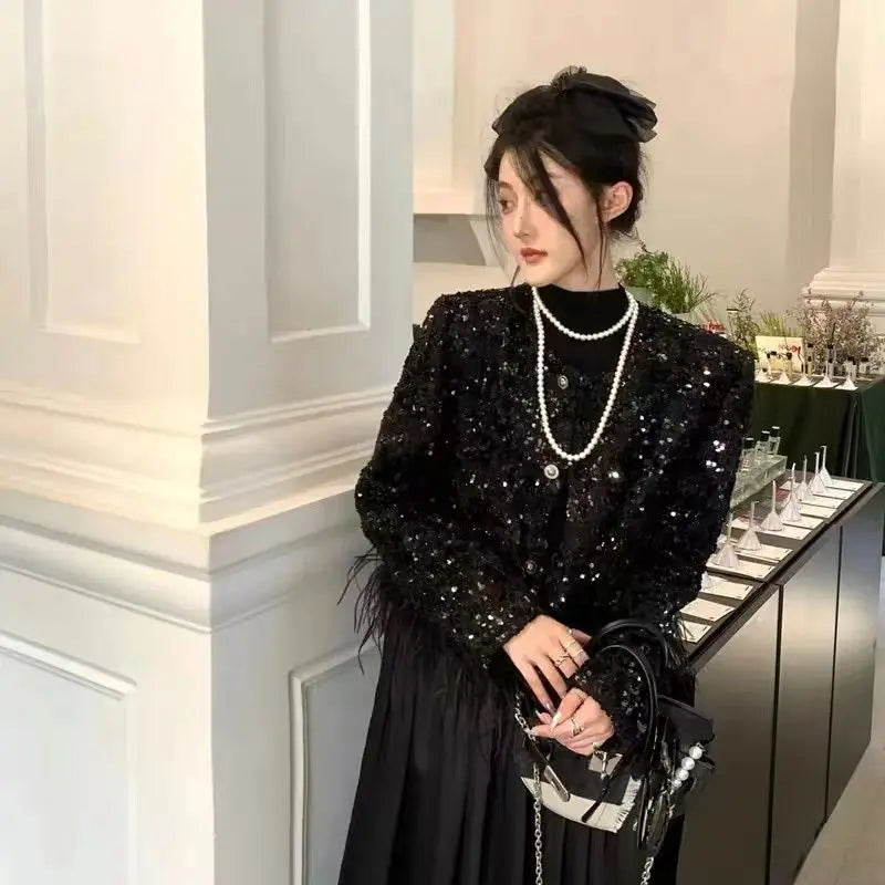 Women's Autumn and Winter Black Small Fragrance Coarse Tweed Elegant Short Coat French Heavy Industry Sequin Decorative Jackets