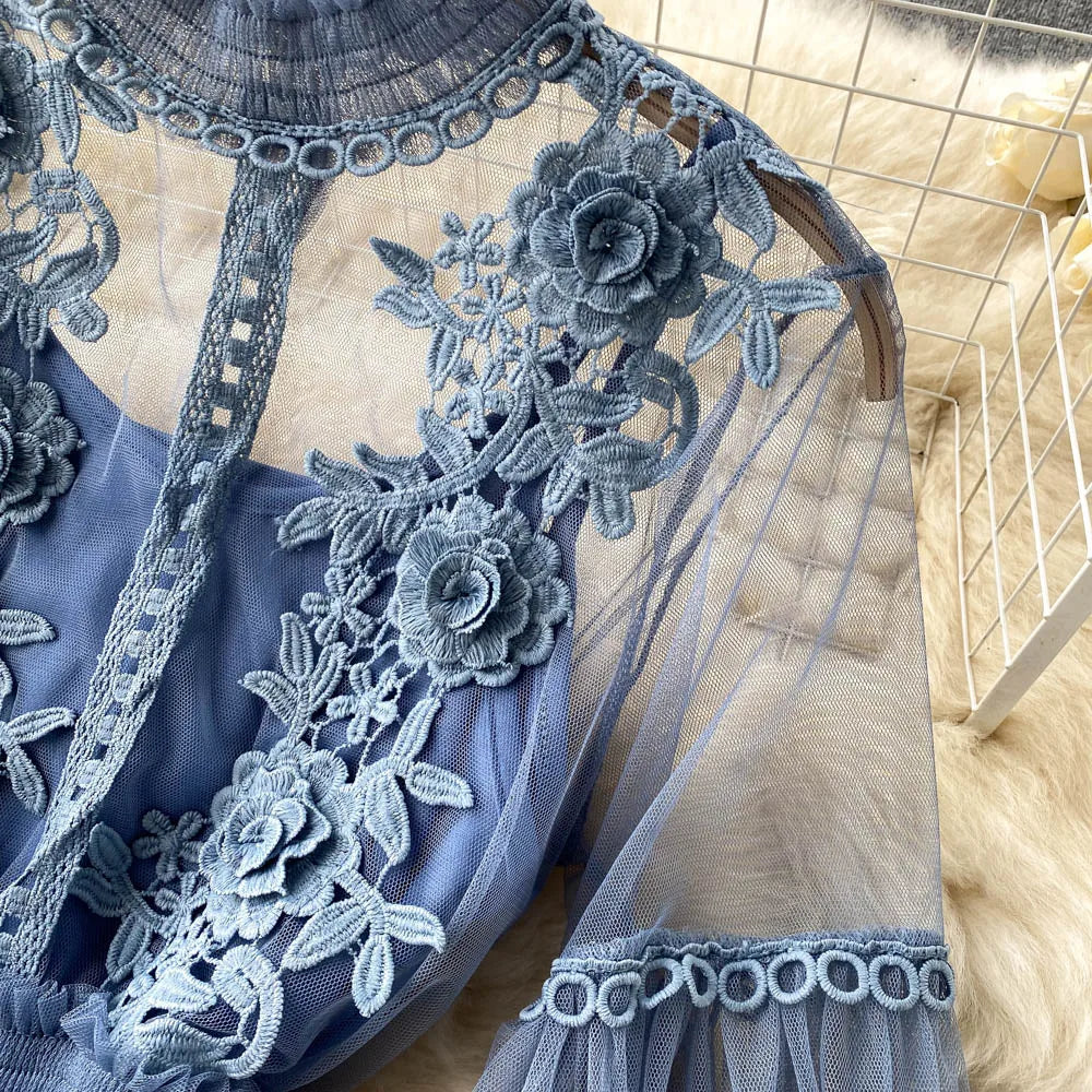 Retro Elegant Mesh Pleated two pieces Dress sets Sexy Fairy puff sleeve Summer Casual Vestidos Slim Women Evening Party Dress