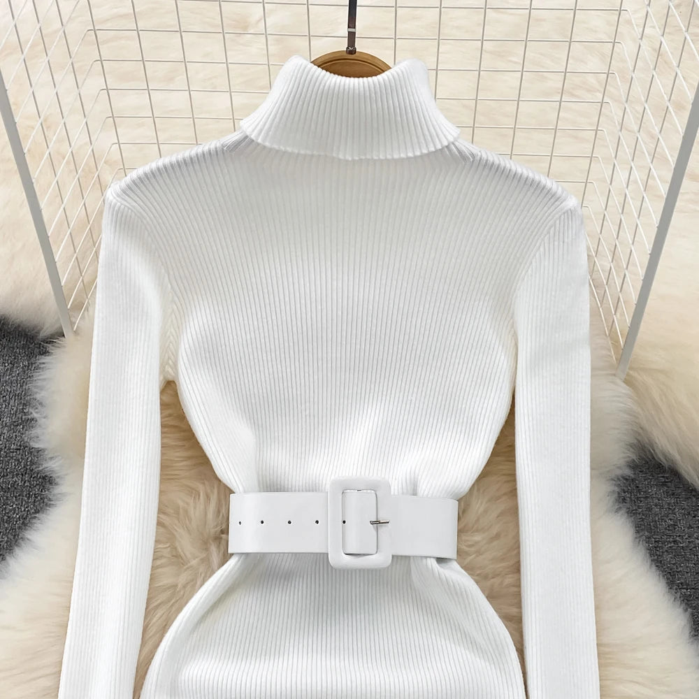 Elegant Turtleneck Long Sleeve Knit Soft Tight Pencil Dress with Belt Slim Fashion Warm Sweater Vestido Sexy Women Winter Robe