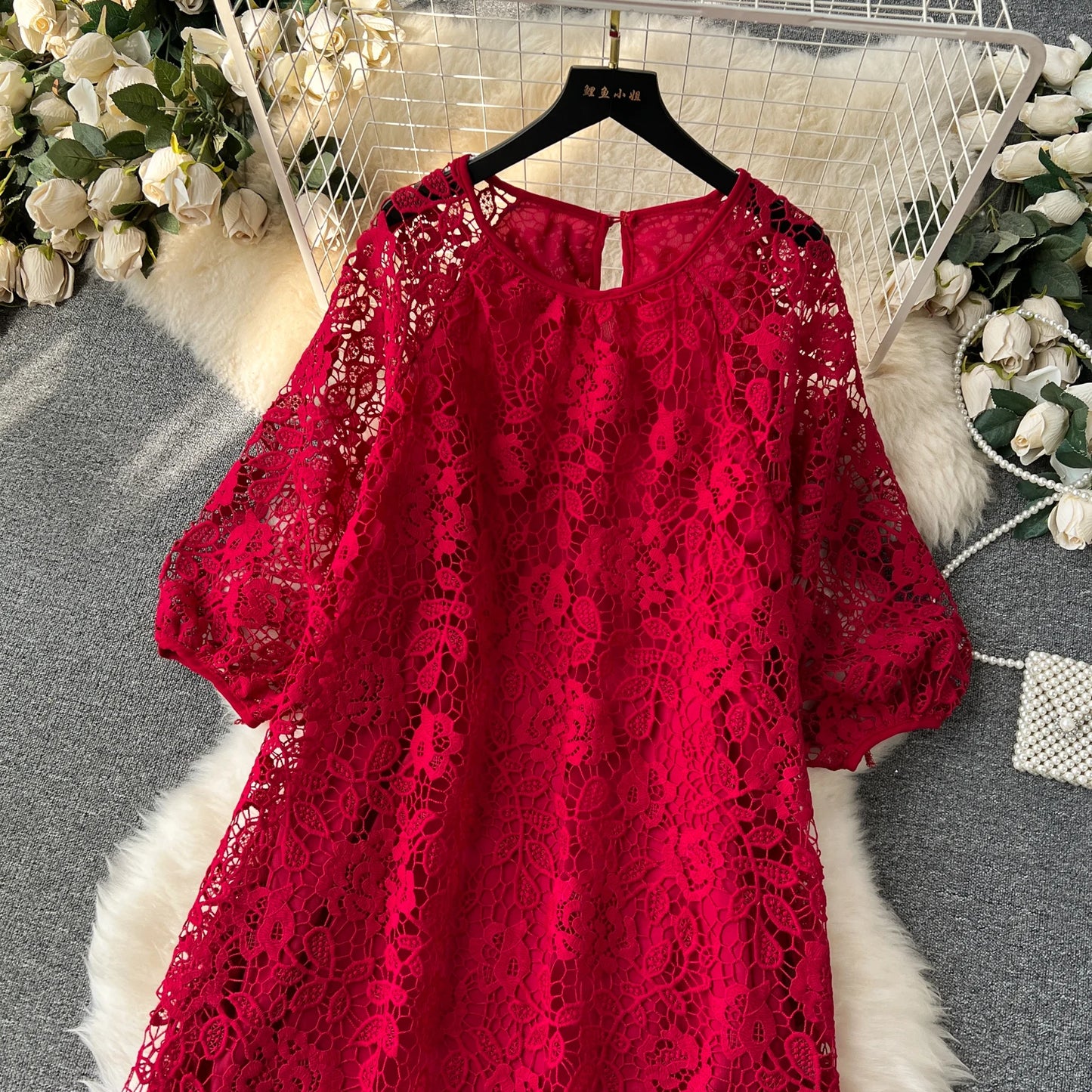Chic Long Sleeve O Neck Lace Hook Flower Hollow Loose Dress Chiffon A-line Casual Dresses Fashion Women Elegant Vestidos