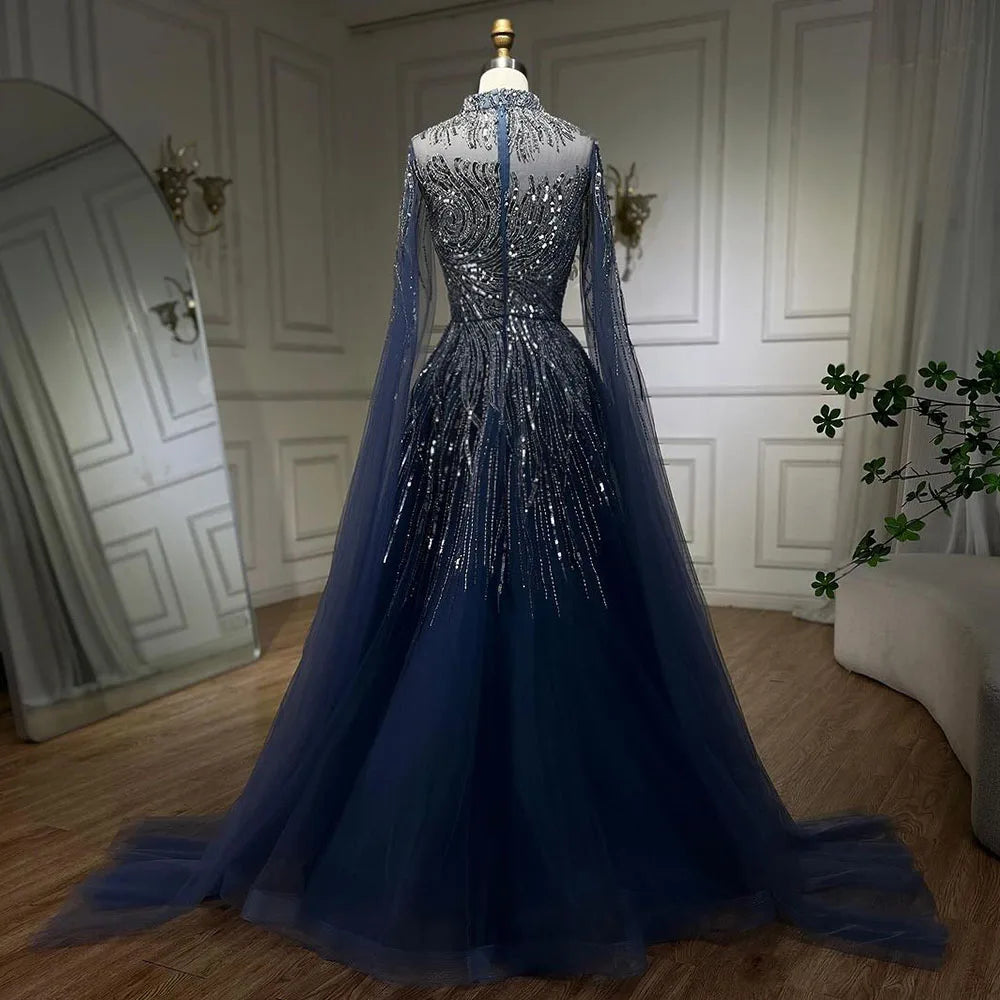 Serene Hill Caramel Luxury Evening Dresses with Cape Sleeves A-Line Beaded Lace Gown For Women's Wedding Party 2024 LA72386