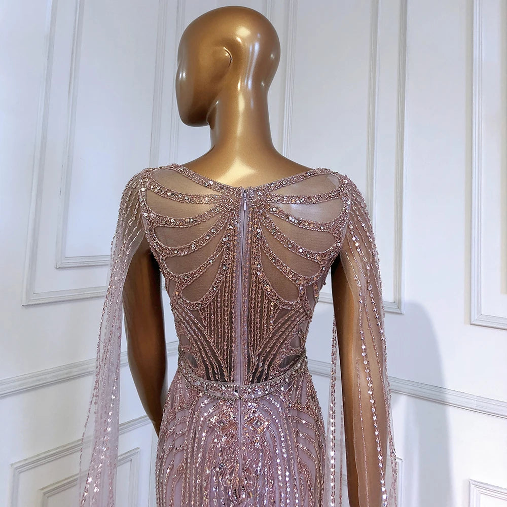 Serene Hill Brown Mermaid Elegant 2024 With Cape Sleeves Beaded Luxury Evening Dresses Gowns For Women Party LA70638