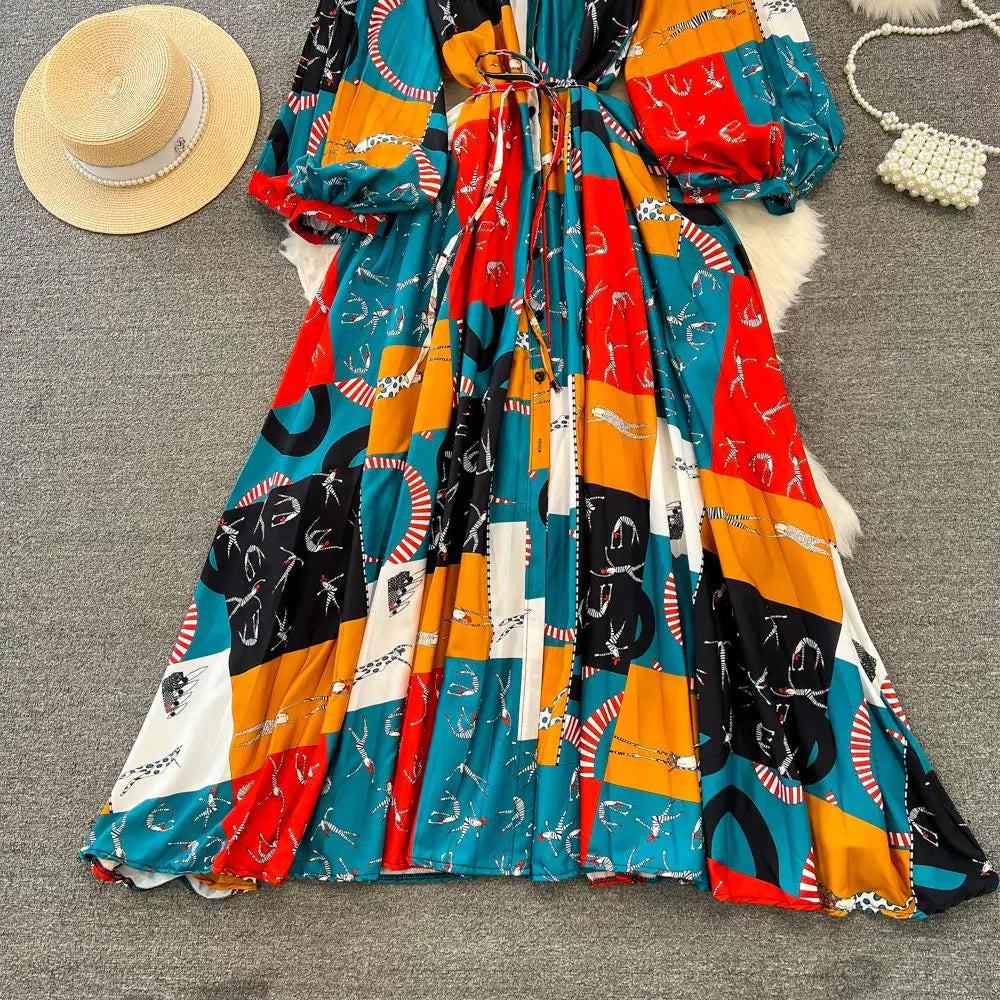 Elegant Women Casual Floral Print Party Dress Vintage Lantern Sleeve A-Line Pleated Prom Birthday Clothes Female Fashion Robe