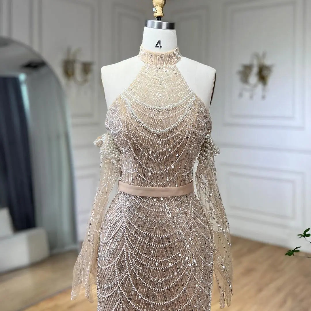 SERENE HILL Dubai Arabic Nude Mermaid With Gloves Luxury Beaded Evening Dresses Gowns 2024 For Women Wedding Party GLA72032A