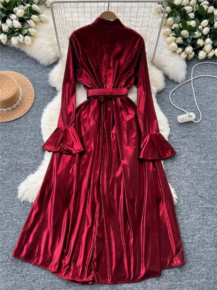 Autumn Vintage Pleated Women Long Dress Elegant Stand Collar Solid A-Line Party Prom Vestidos Female Birthday Clothes Mujers