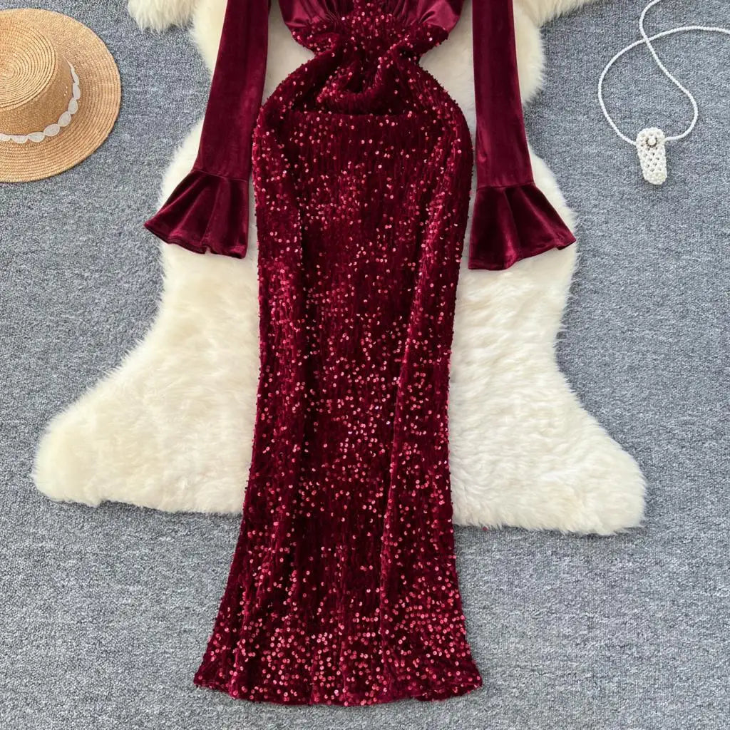 Women's Sexy Velvet Evening Gown Luxury Dresses V-Neck Flare Sleeve Split Long Dress Fashion Slim Robe Birthday Party Autumn New
