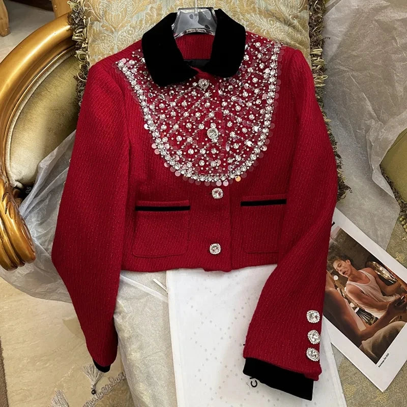 Spring Rhinestone Decoration Tweed Jacket for Women Exquisite Elegant Female Sequin Coat Autumn Trendy Commuter Crop Outerwear
