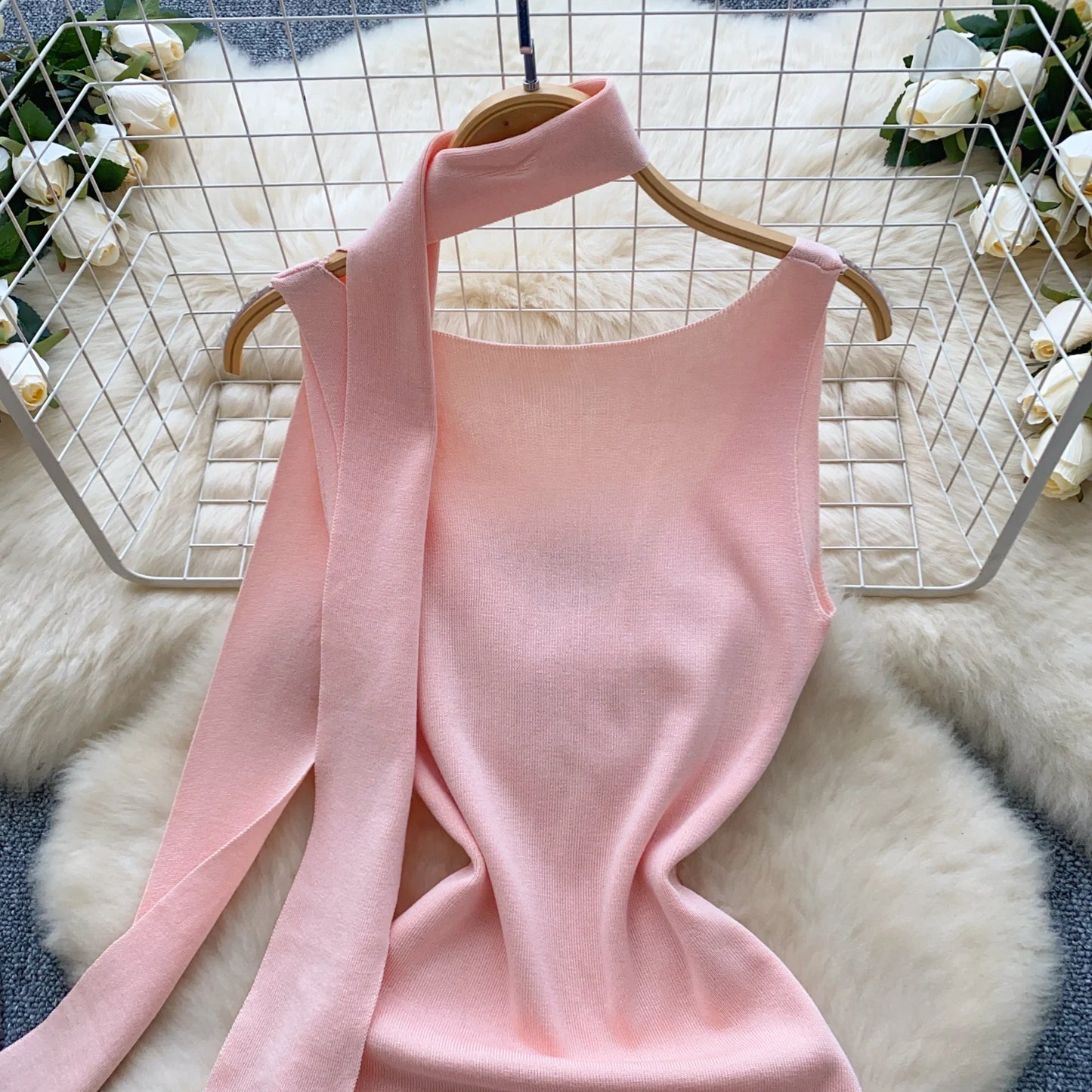 Sexy V-Neck Knitted Mini Dress for Women Elegant Spaghetti Strap Ribbon Slim Dresses One Piece Solid Female Clothes Autumn New
