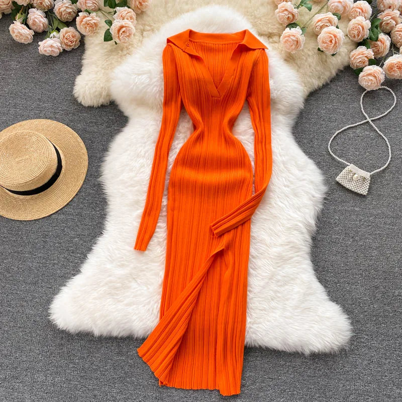 Women Chic Elegant Long Sleeve Split Bodycon Midi Dress Sexy French Fashion Knit Wrap Vestidos Elastic Slim Pencil Sweater Dress