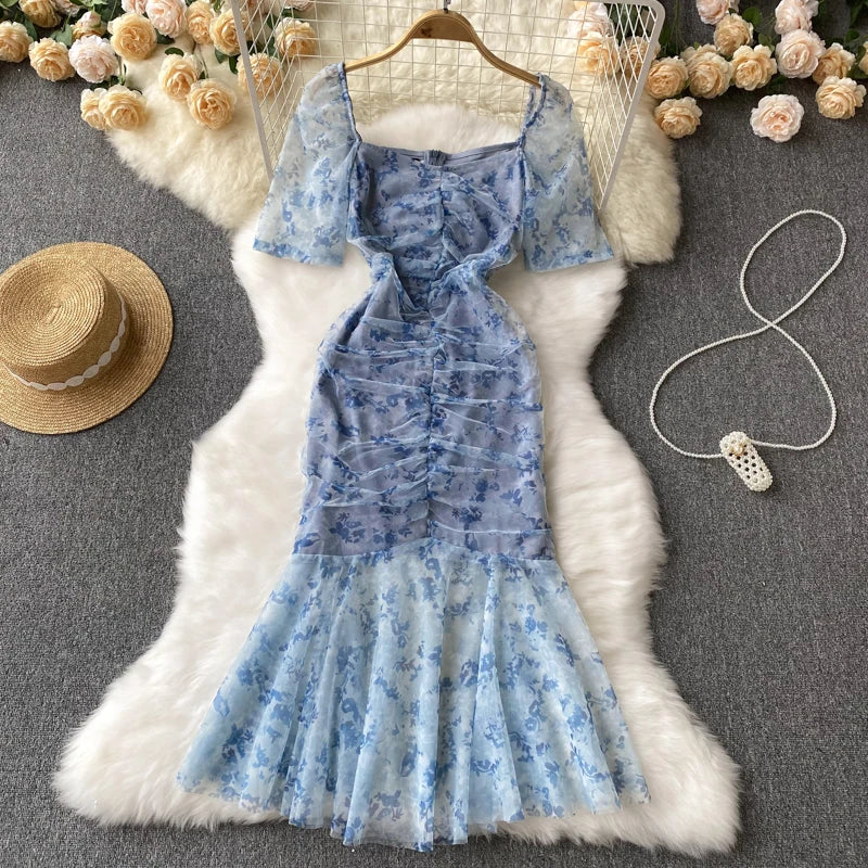 Summer Sexy Vintage Bodycon Women Dress Elegant Solid Print Slim Evening Party Club Prom Dresses Female Mesh Clothes Robe New