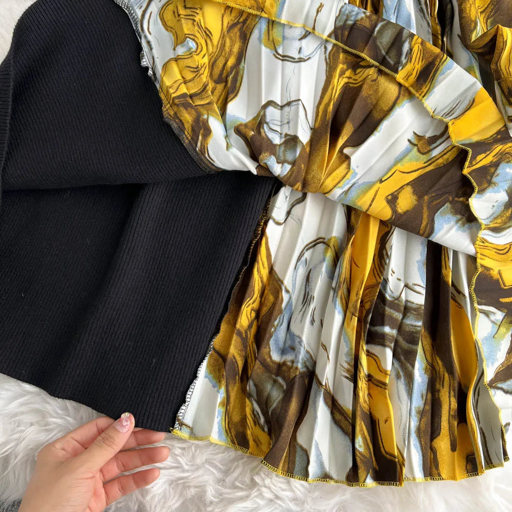 Elegant Chic Print Patchwork Knit Dress French Long Sleeve Party A-line Vestidos High Waist Basic Slim Women Autumn Winter Dress