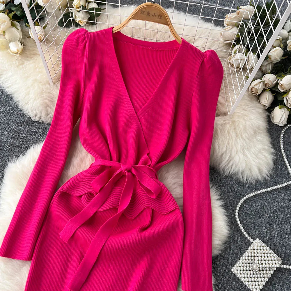 Women Long Sleeve V Neck Sexy Knit Bodycon Dress Chic Vintage Lace Up French Fashion Vestidos Party Elegant Fashion Dresses Y2k