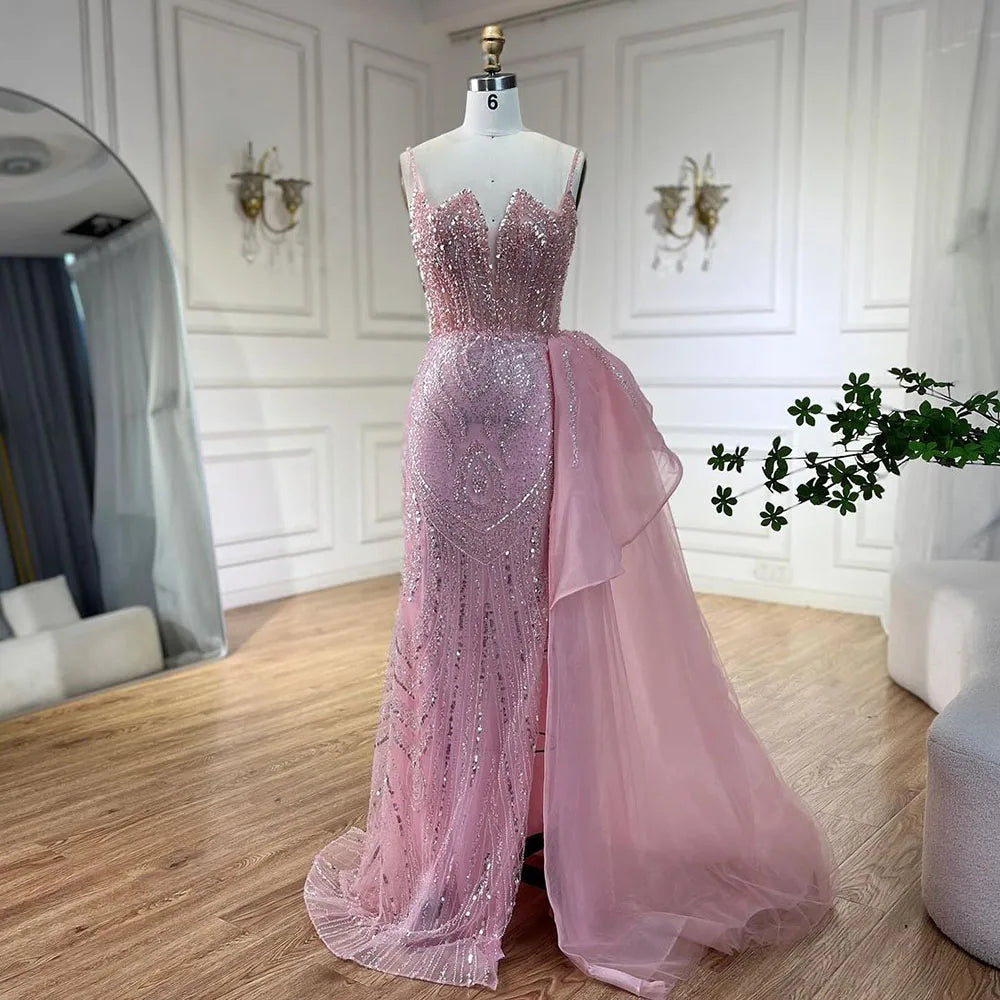 SERENE HILL 2024 Turquoise Spaghetti Strap Luxury Beaded Evening Dresses Mermaid Elegant Overskirt Gown For Women Party GLA72378