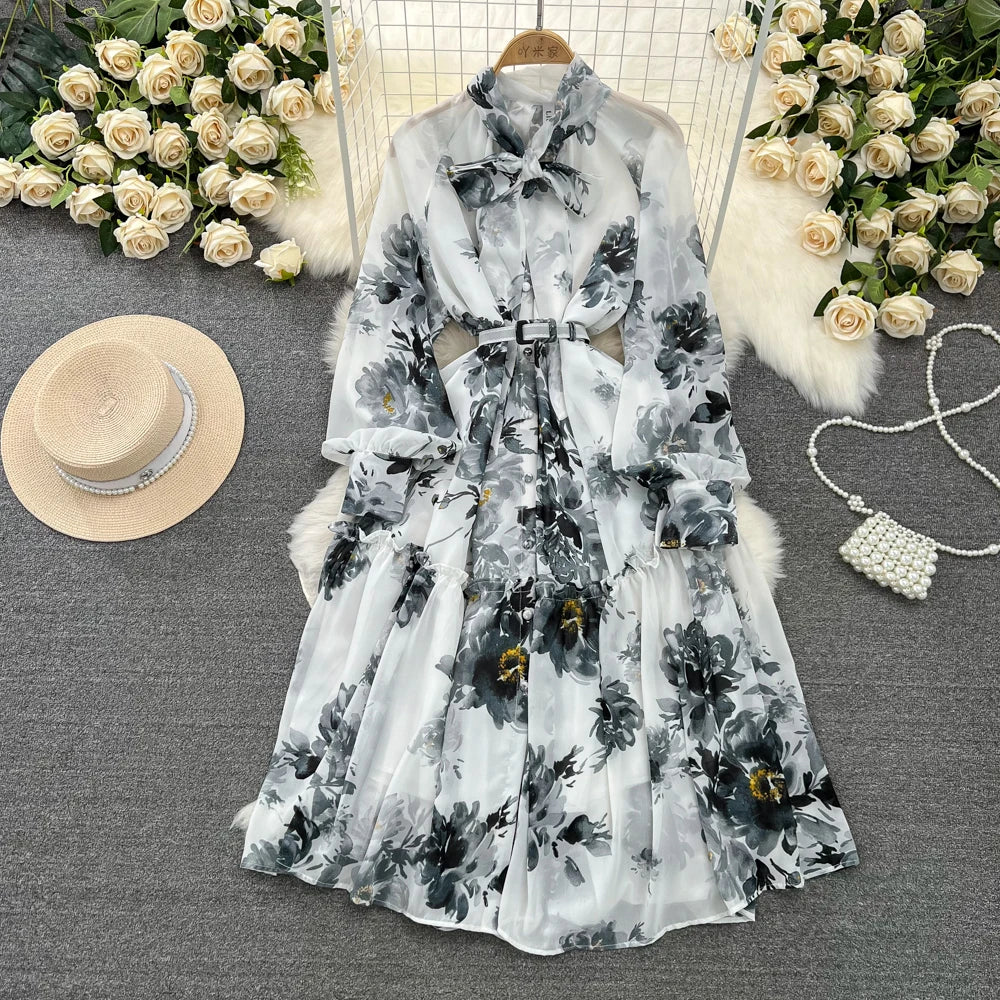 Elegant Casual Women Fashion Floral Print Long Dress Vintage Pleated A-Line Maxi Boho Beach Party Robe Female Clothes Mujers