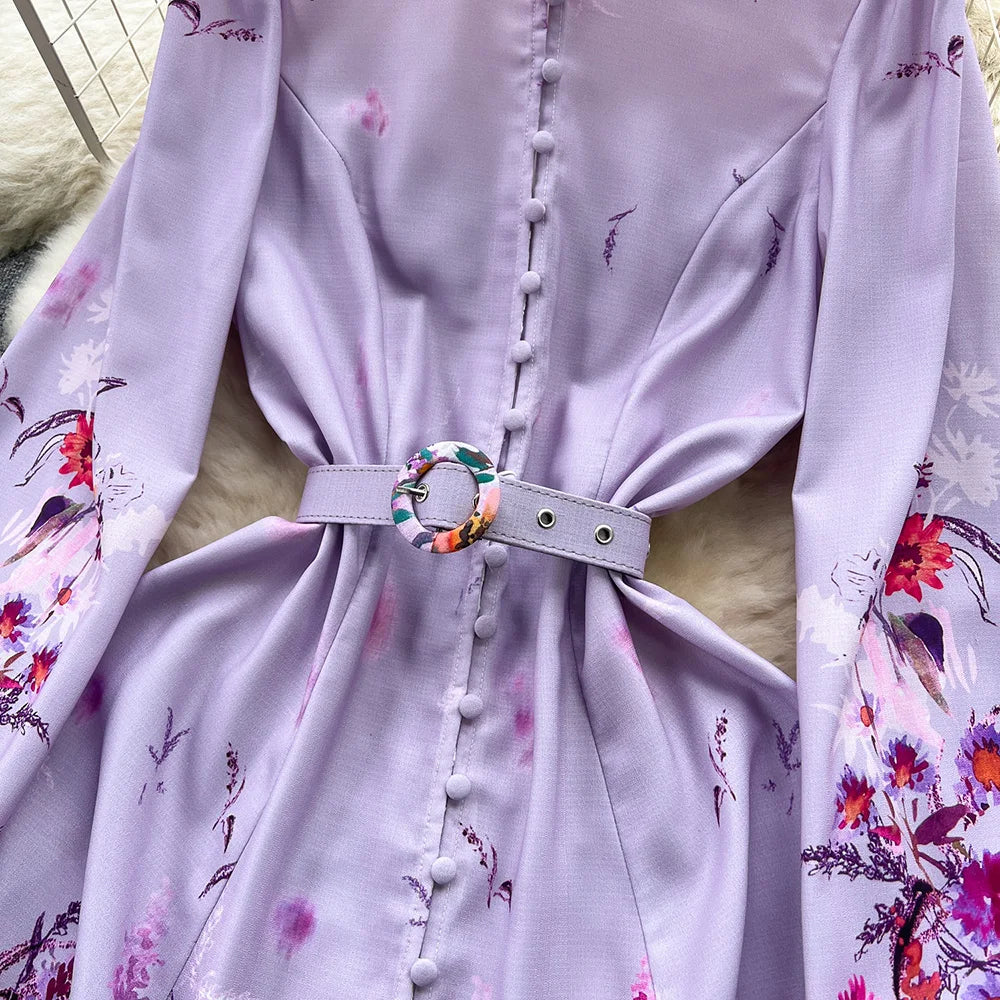 Spring Dresses 2024 Women Clothing Long Sleeve Party Elegant Dress With Belt Stand Collar Vintage Floral Print Holiday Dress