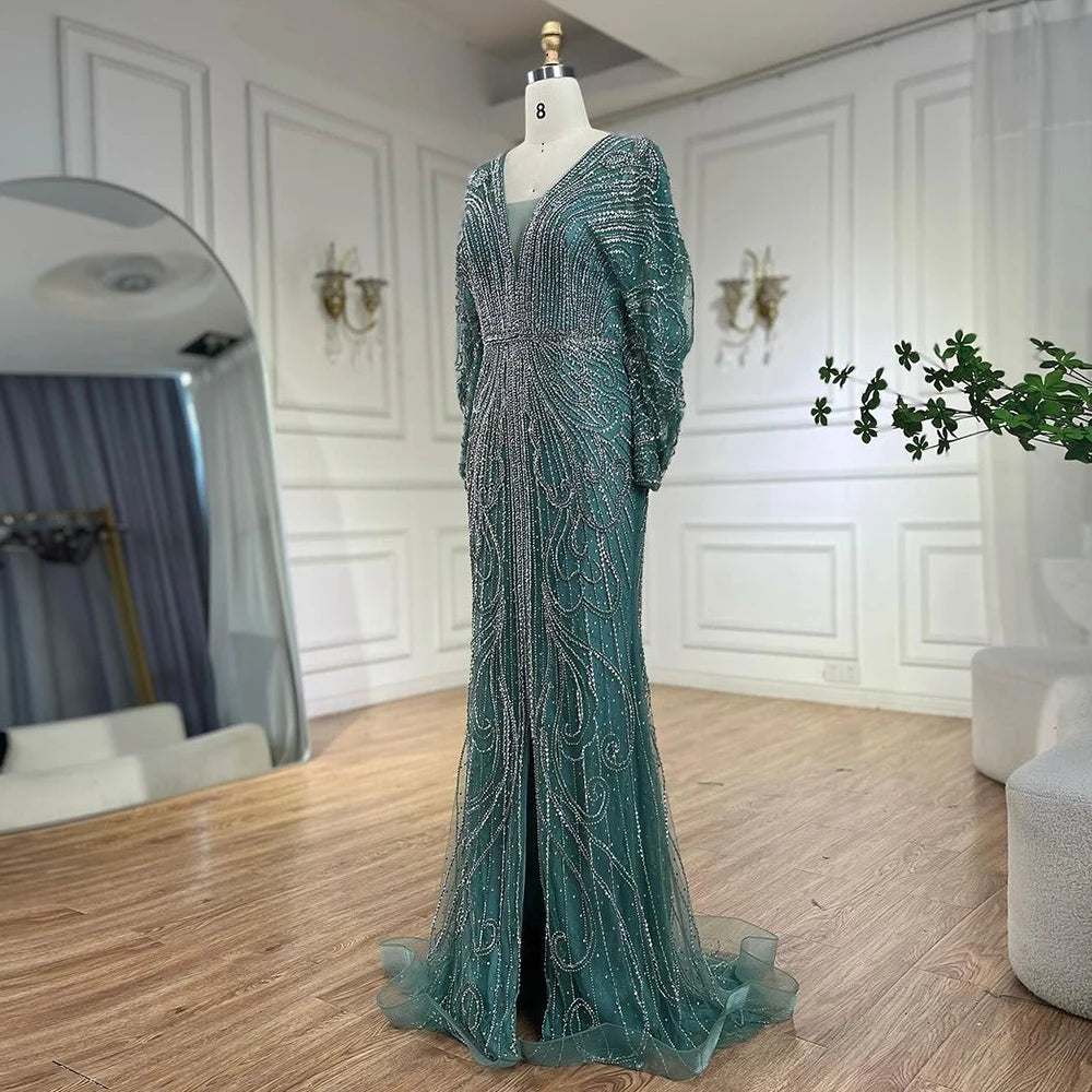 SERENE HILL 2024 Arabic Gold Elegant Mermaid Black Luxury Beaded Evening Dresses Gowns Diamond For Women Wedding Party GLA72288A
