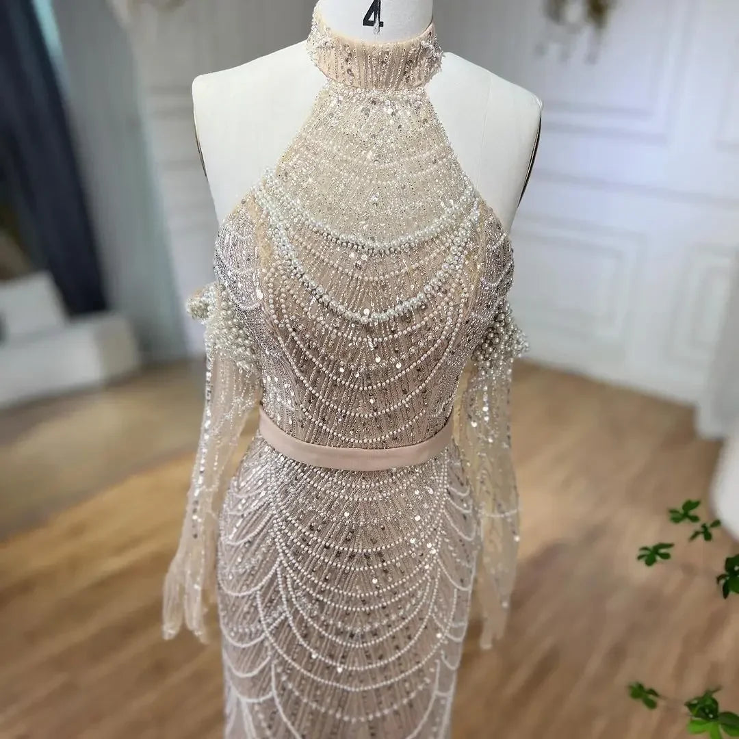 SERENE HILL Dubai Arabic Nude Mermaid With Gloves Luxury Beaded Evening Dresses Gowns 2024 For Women Wedding Party GLA72032A