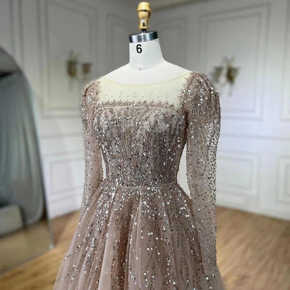 Serene Hill Muslim Pink A Line Beaded Luxury Dubai Long Evening Dresses Gowns 2024 For Woman Wedding Party LA71915