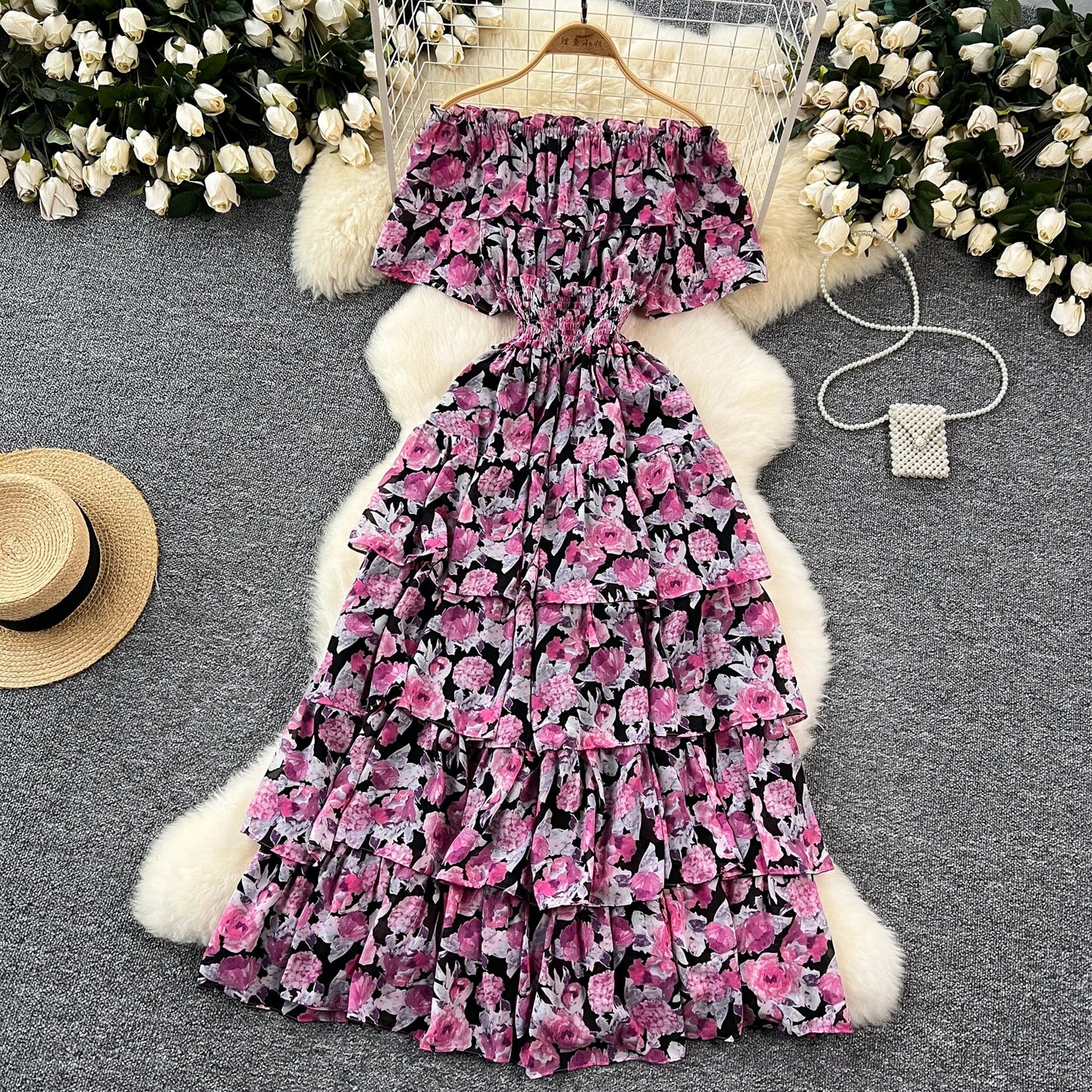 French Vintage off shoulder short sleeve ruffle Dress Chic Casual Beach Vacation Women Summer chiffon dresses