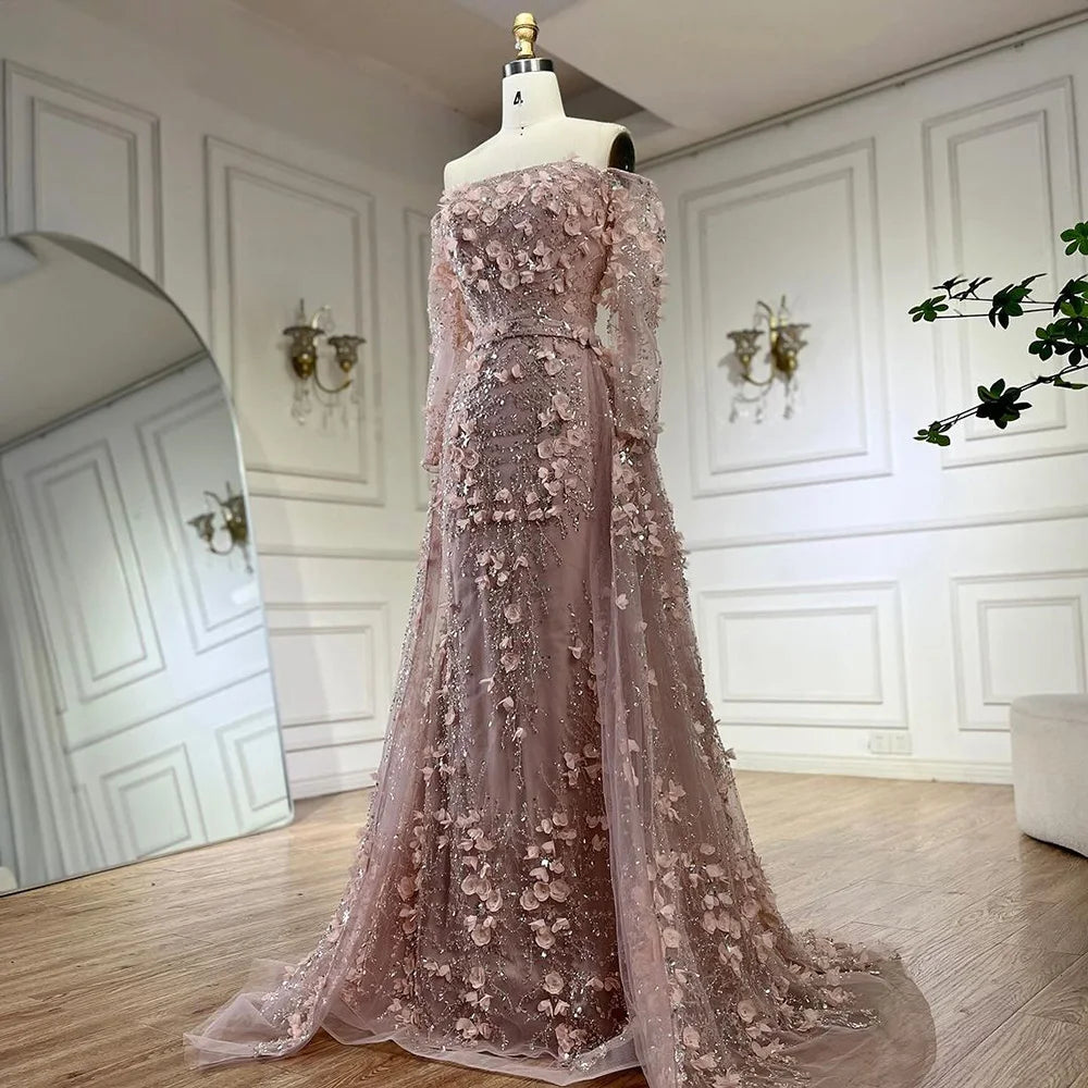 Serene Hill 2024 Pink Strapless Back Lace-Up Mermaid Evening Gown with Overskirt and Appliques for Women | Wedding Party LA72641